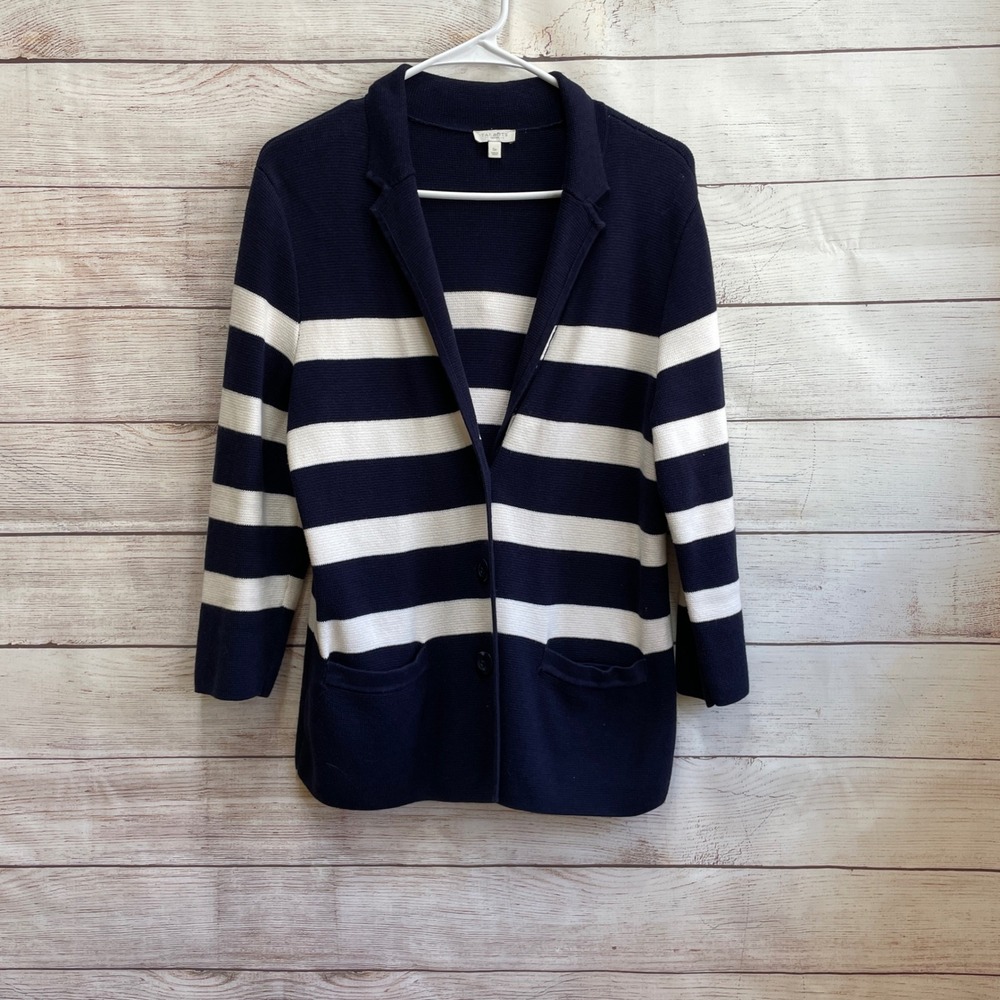 TALBOTS NAVY BLUE AND WHITE STRIPED CARDIGAN BLAZER SWEATER